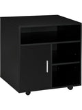 Print cart with wheels, side cabinet, and open compartments, black