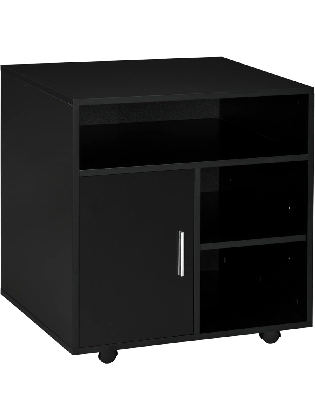Print cart with wheels, side cabinet, and open compartments, black