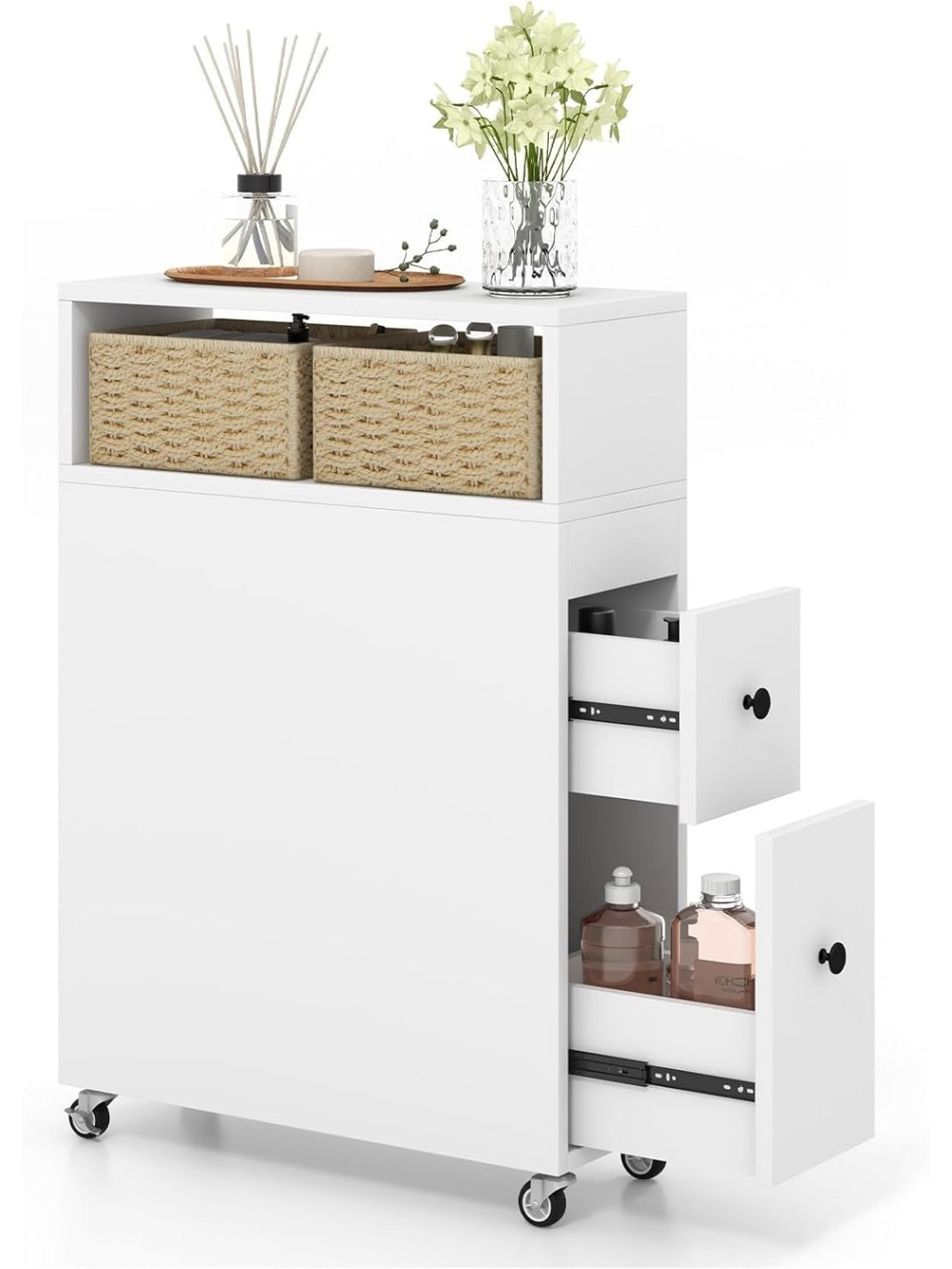 Mueble auxiliar estrecho con ruedas, cajones y cestas de mimbre para baño o cocina, blanco