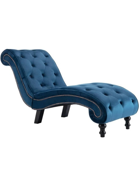 Blue Velvet Chaise Longue Divan, Vintage Relax Sofa with Tufting for Living Room