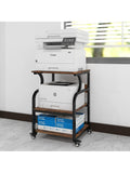 Adjustable printer cart with three levels, wheels, and retro-style wood and metal shelves