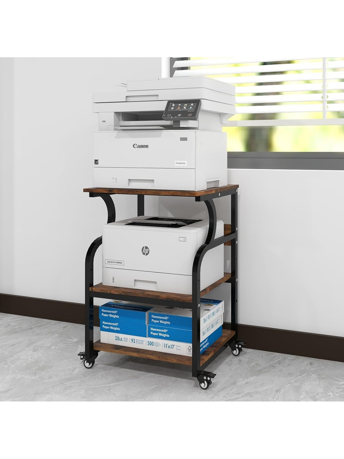 Adjustable printer cart with three levels, wheels, and retro-style wood and metal shelves