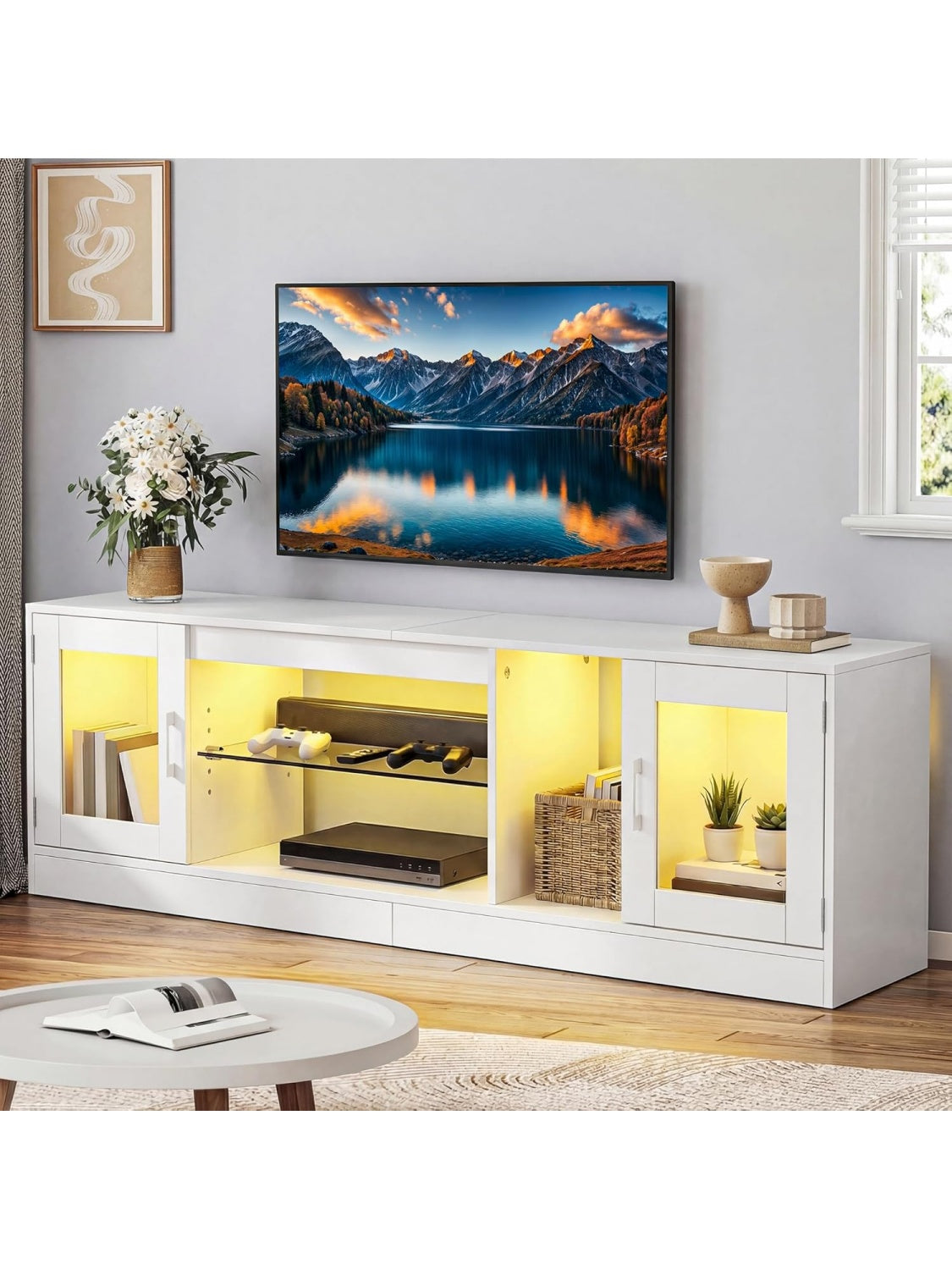 Low TV cabinet 160 cm with RGB LED lighting and glass shelves
