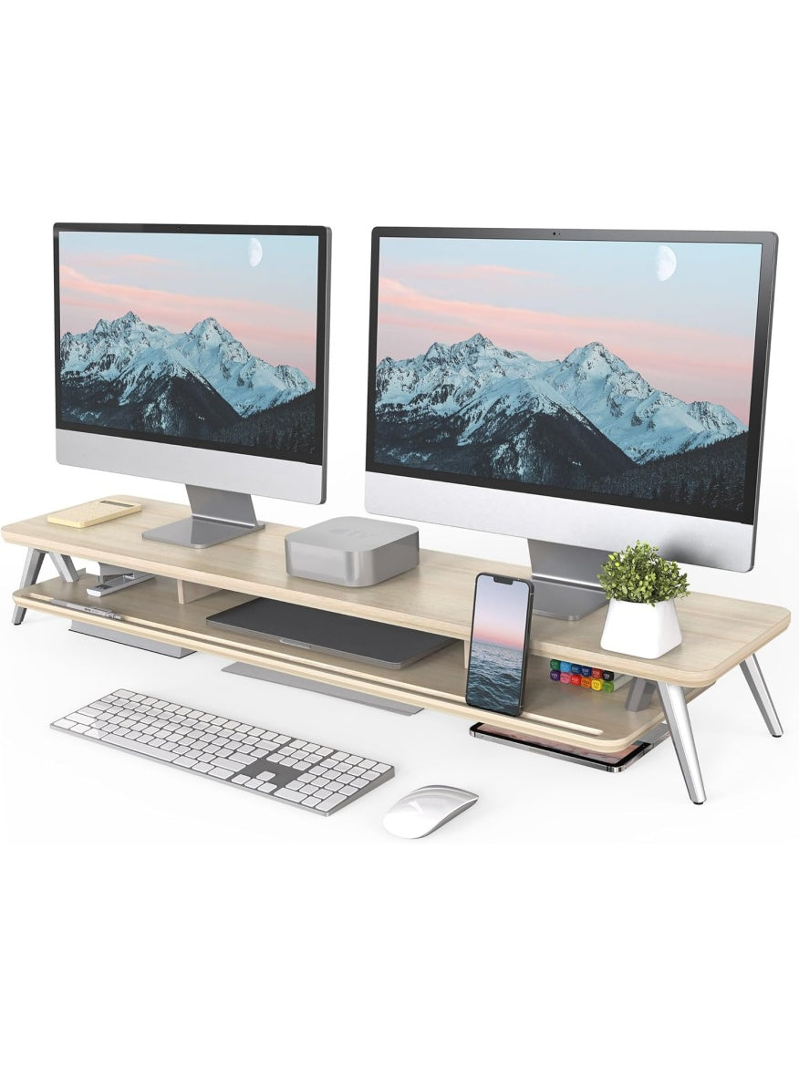 Elevador de monitor de madera y metal con soporte integrado para móvil, tableta y bolígrafos