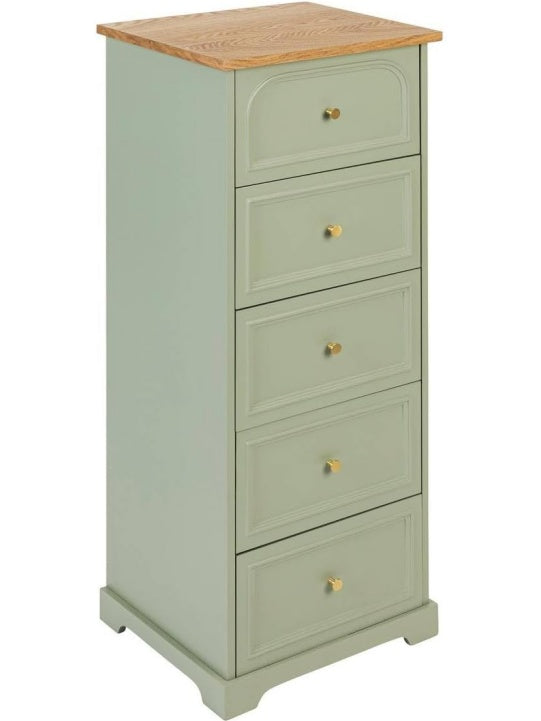 Cómoda de 5 Cajones para Dormitorio, Mueble de Almacenamiento Contemporáneo en Verde Celadón y Madera