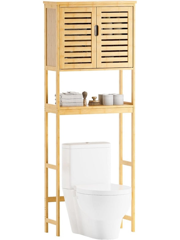 Storage cabinet for toilet with bamboo, adjustable shelf and open shelf