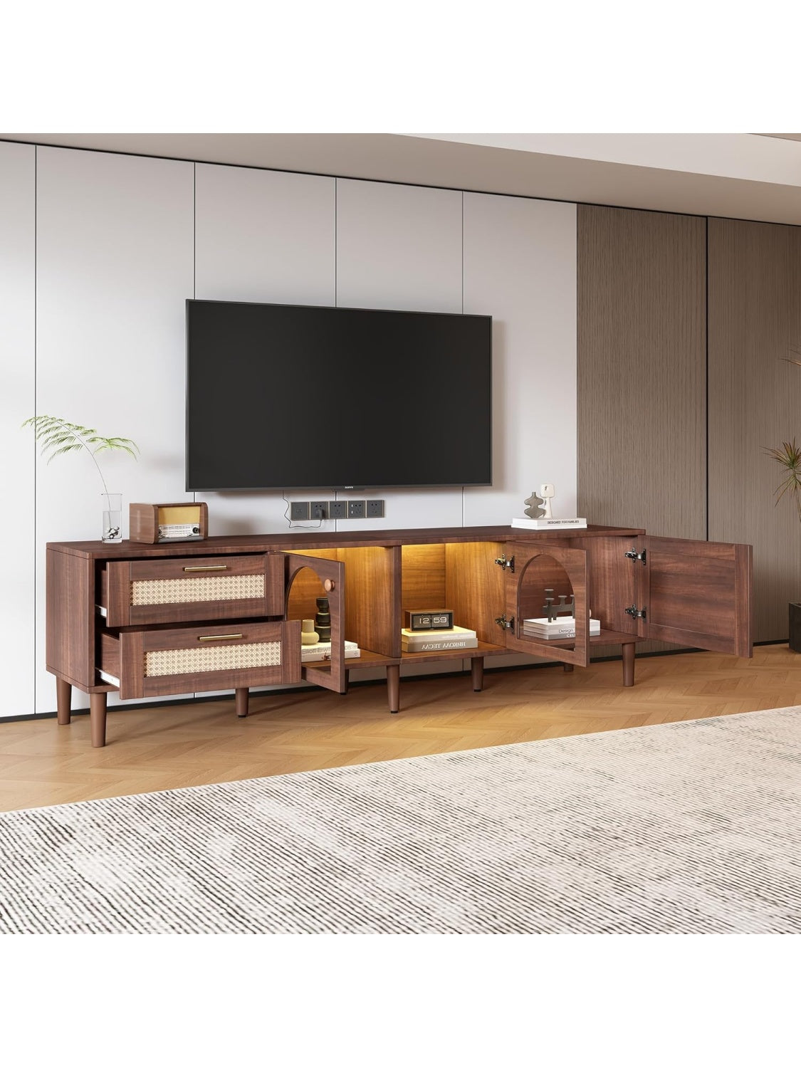 Modern TV Cabinet 180 cm with LED, Rattan and Glass Doors, Console for TVs up to 80"