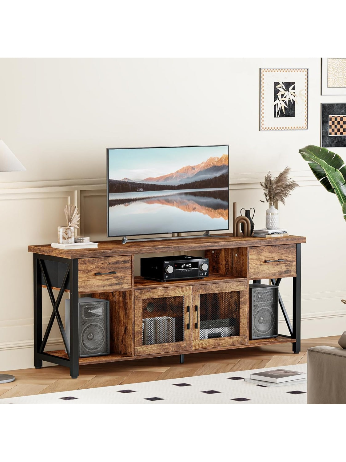 140 cm Industrial TV Table, Entertainment Center with Two Cabinets, Ideal for 45-55 Inch Televisions