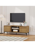 TV stand with cable management, two doors and open compartments in dark oak and black