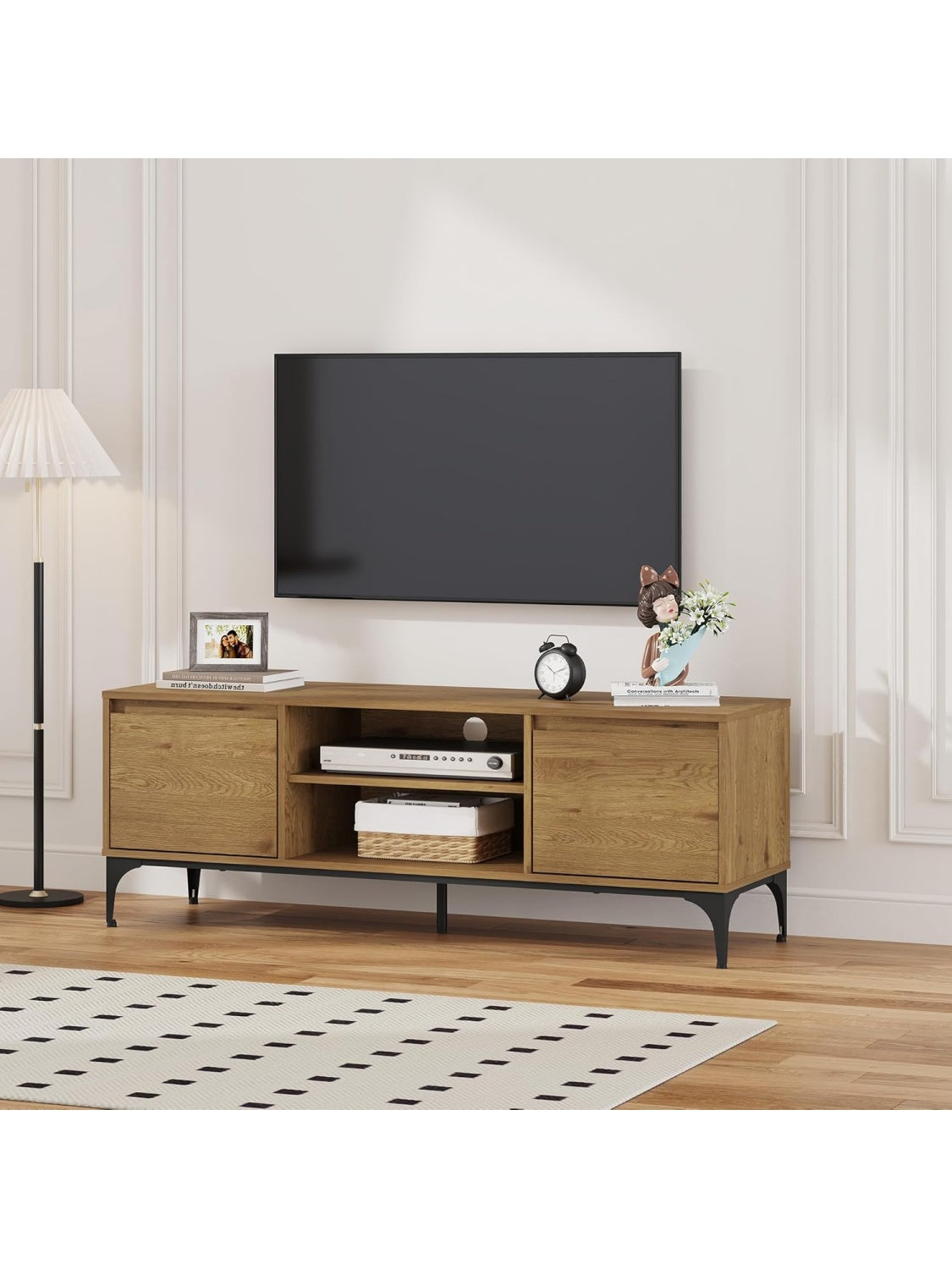 TV stand with cable management, two doors and open compartments in dark oak and black