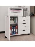 Mobile office filing cabinet with five drawers, printer stand, door and adjustable shelf, white