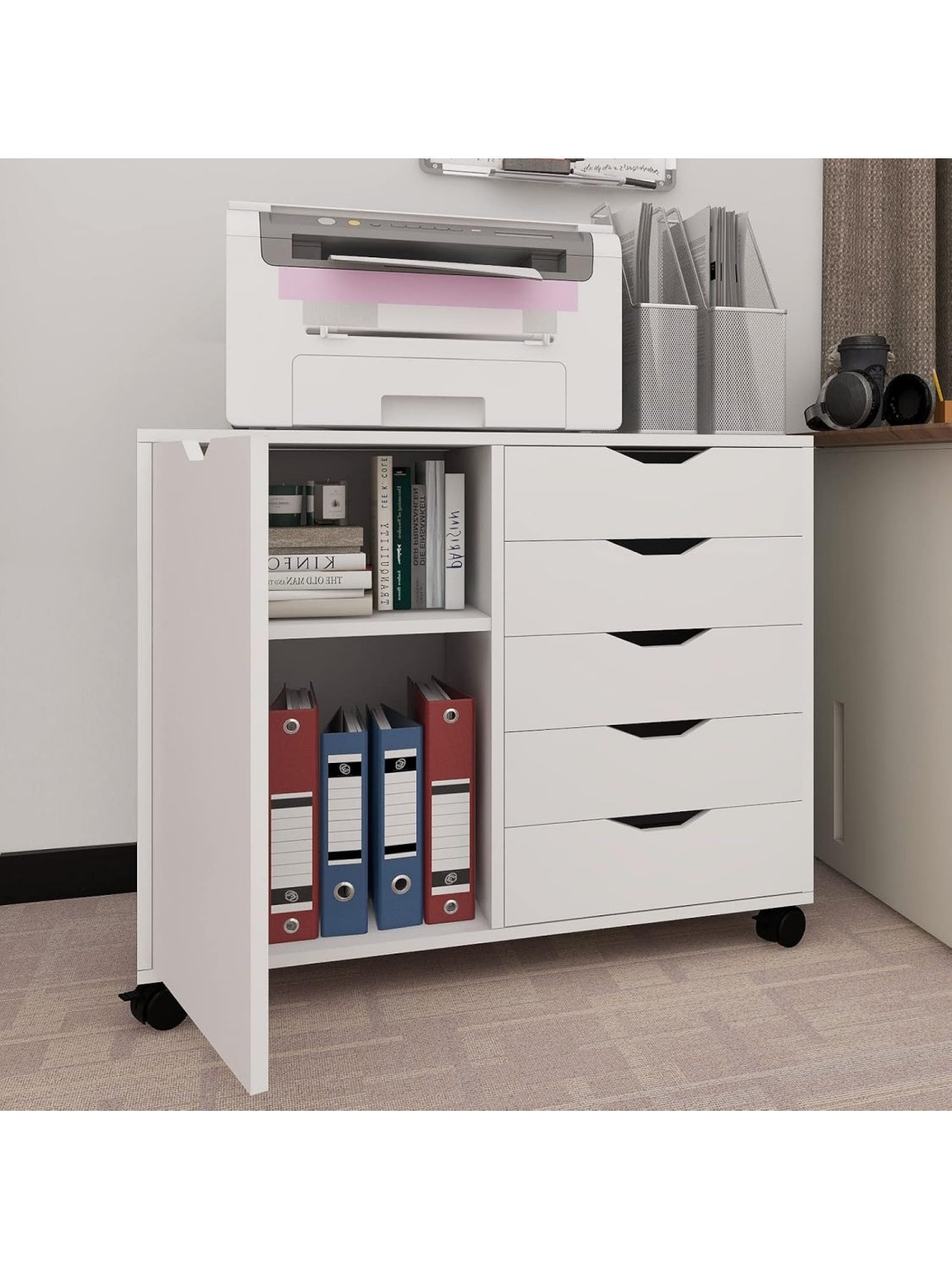 Mobile office filing cabinet with five drawers, printer stand, door and adjustable shelf, white