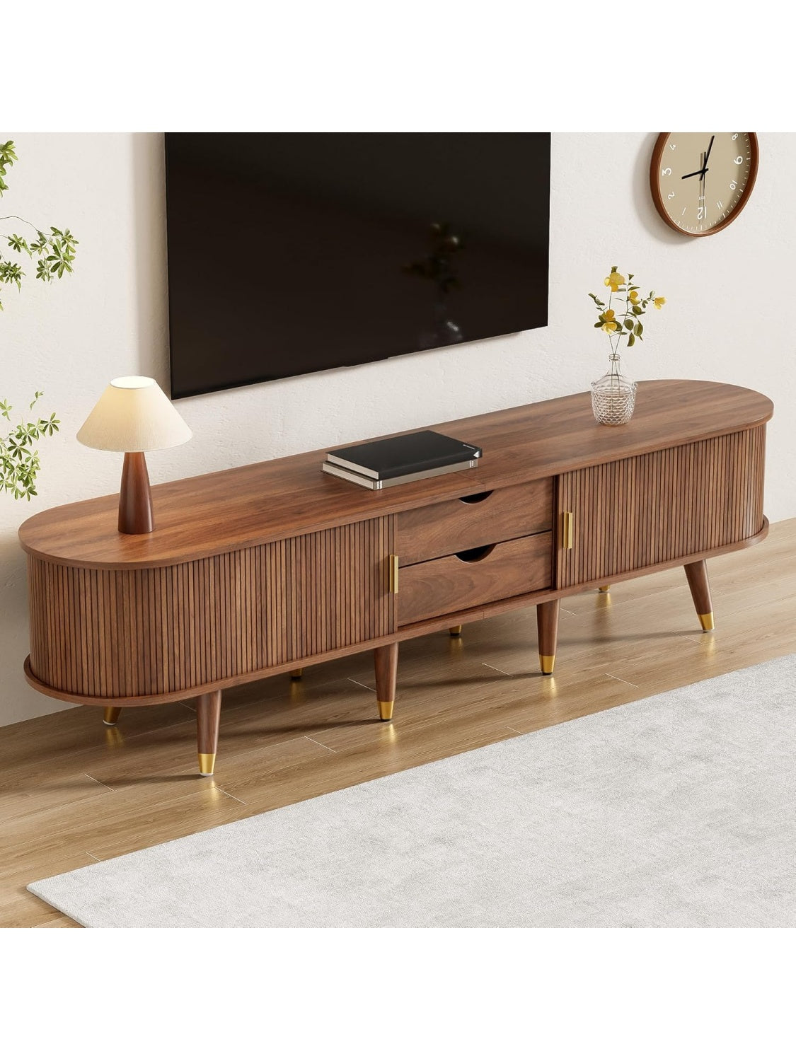 TV Cabinet with Sliding Doors and Drawers, Free-Standing TV Stand with Storage Space for Living Room, Walnut Finish