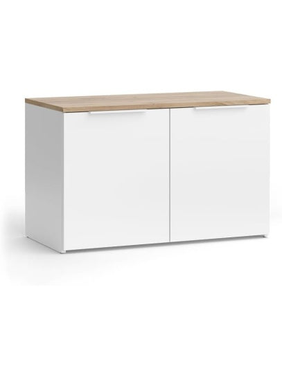 Compact two-door sideboard in white and Sonoma oak to organize clothes and home accessories