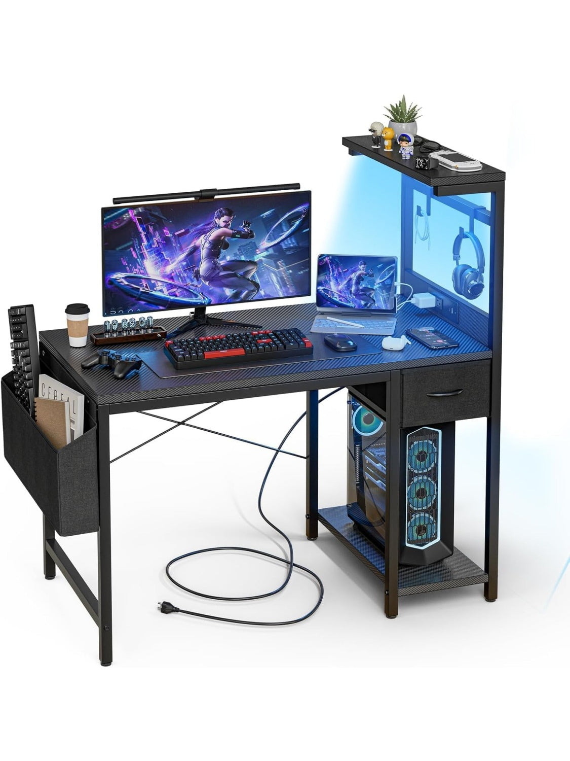 100 cm Gaming Desk with RGB LED Lighting, Integrated Power Outlets, Foldable Shelves and Drawer