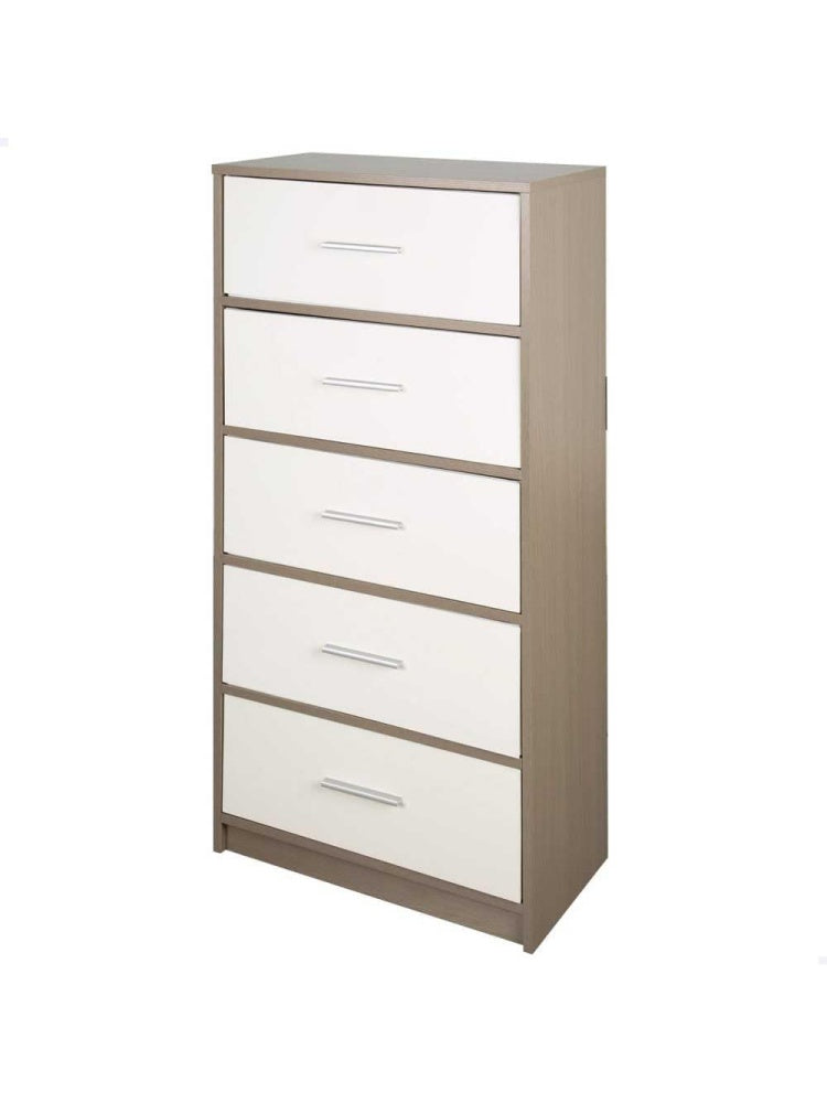 Tall dresser with five fabric drawers for bedroom, gray and white