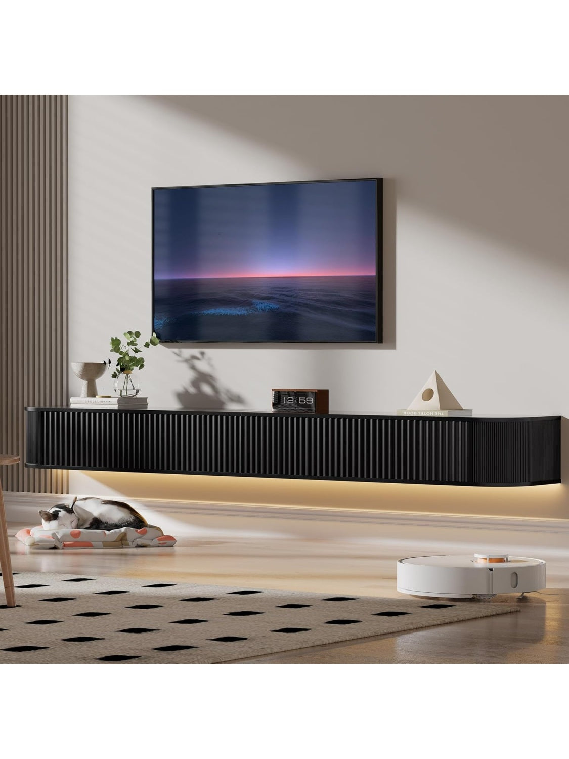 Mueble Flotante para TV con Iluminación LED y Almacenamiento, Consola de Pared para Televisores de 75 a 85 Pulgadas, 200 cm