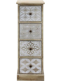 Sinfonier vintage estrecho de madera con cuatro cajones, blanco y beige