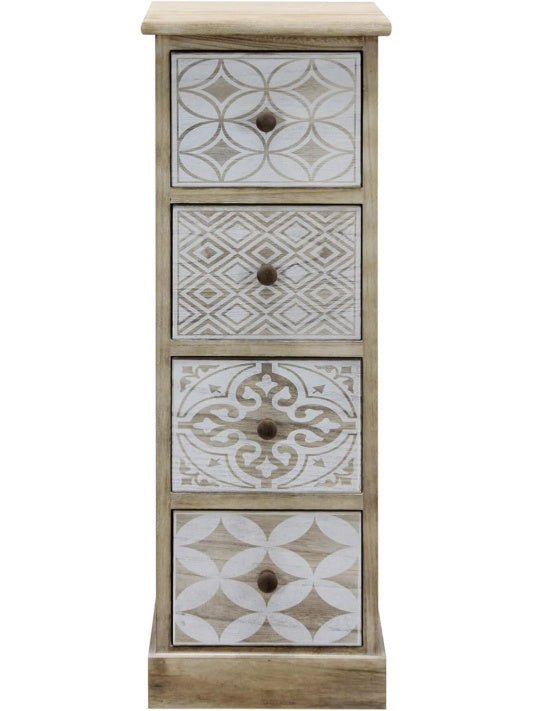 Sinfonier vintage estrecho de madera con cuatro cajones, blanco y beige