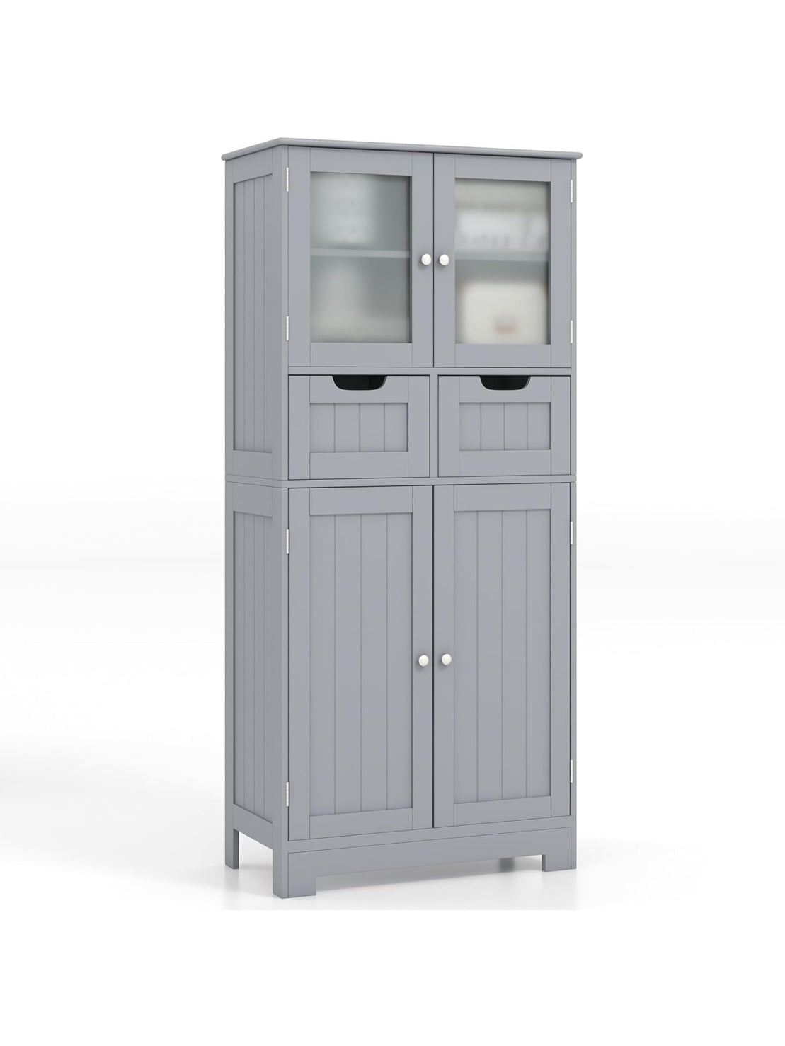 Auxiliary cabinet with four doors, two drawers and adjustable shelves for bathroom or bedroom, grey