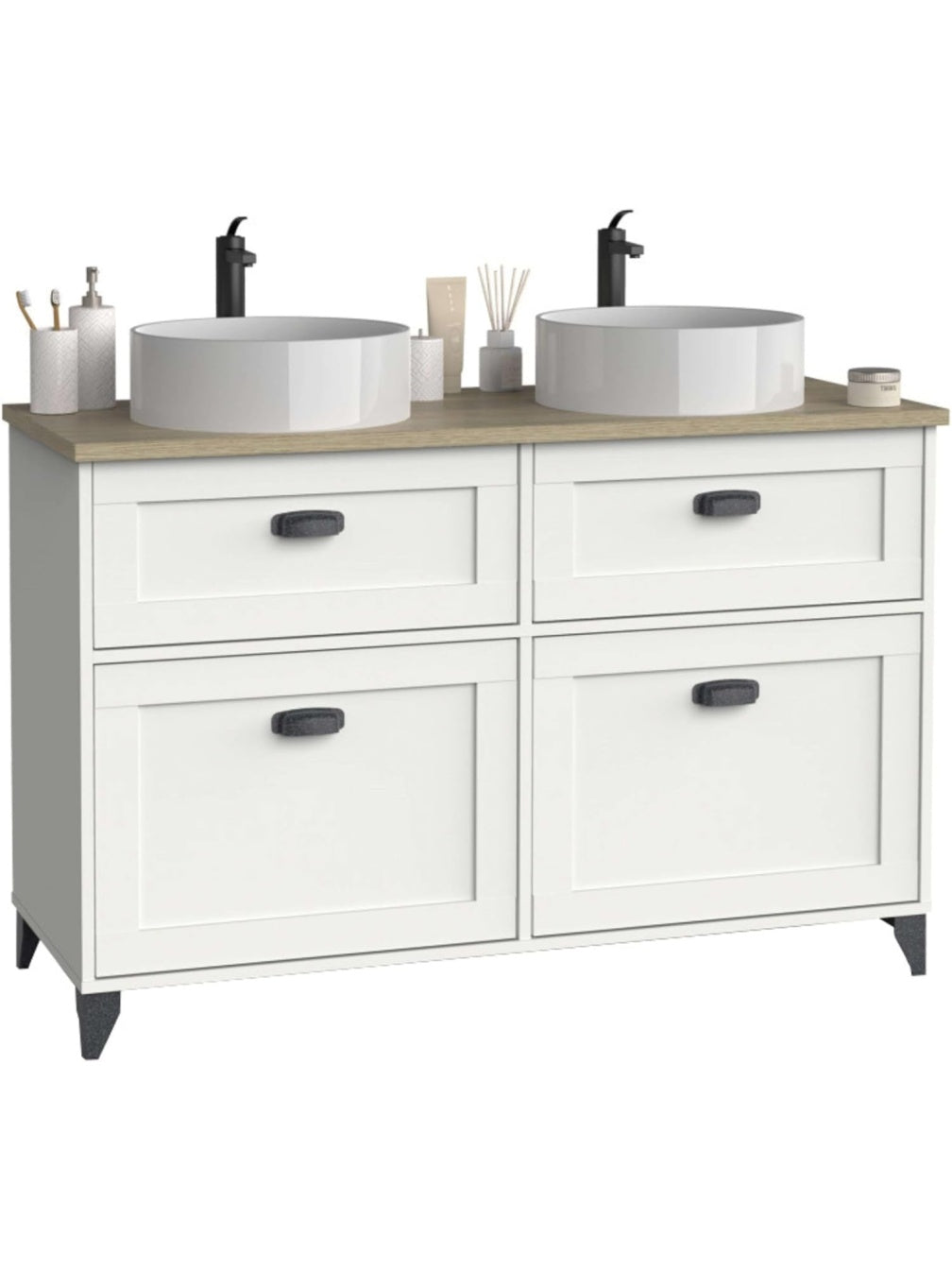 Double Bathroom Vanity with Legs, 2 Drawers and 2 Doors, 120 cm for Countertop Sinks, White and Oak