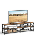 Industrial style TV stand with steel frame and shelves for screens up to 75 inches