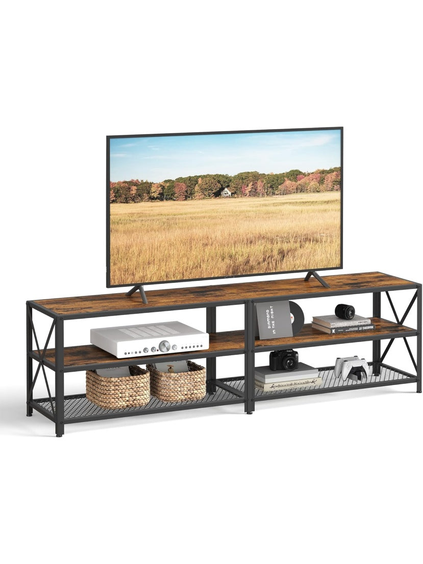 Industrial style TV stand with steel frame and shelves for screens up to 75 inches