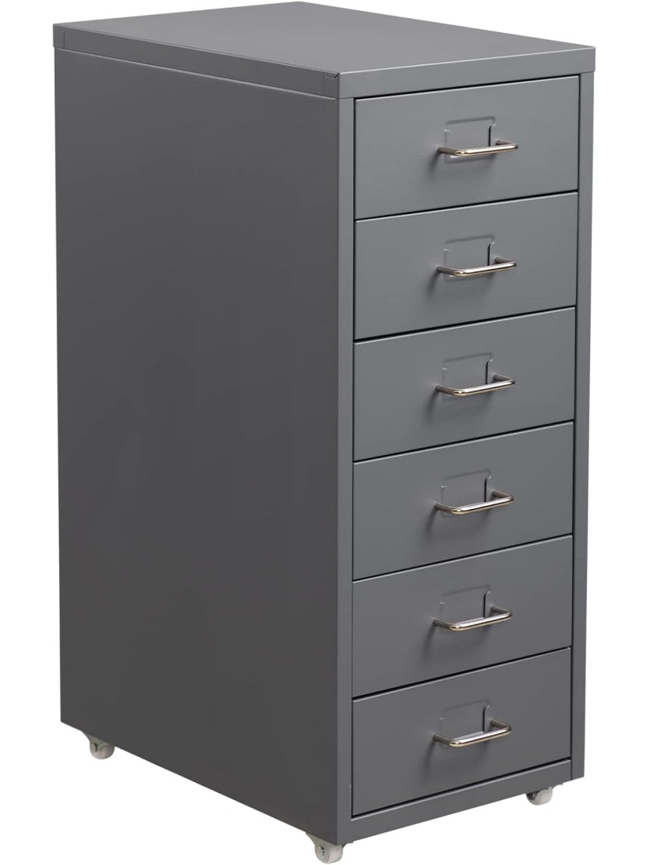 Cajonera de oficina móvil con seis cajones y ruedas para documentos, color gris