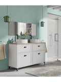 Double Bathroom Vanity with Ceramic Sinks, 2 Drawers and 2 Doors, Vintage Style, White and Oak, 120 cm