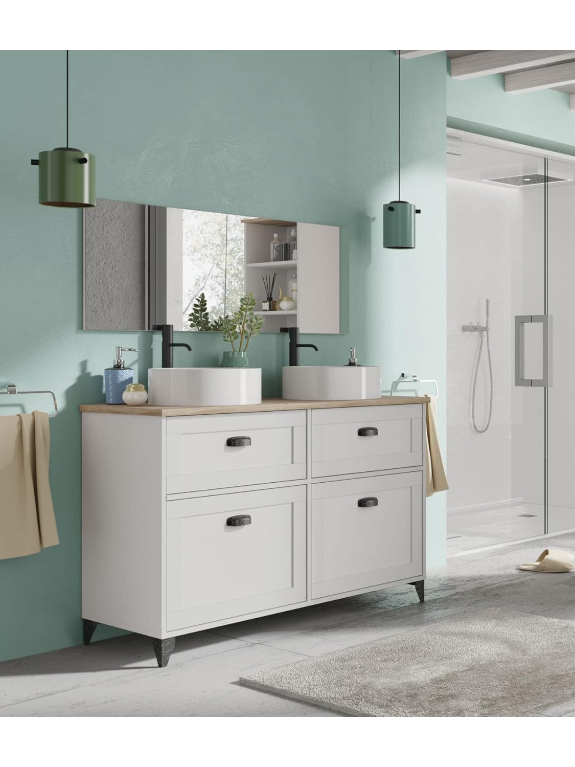 Double Bathroom Vanity with Ceramic Sinks, 2 Drawers and 2 Doors, Vintage Style, White and Oak, 120 cm