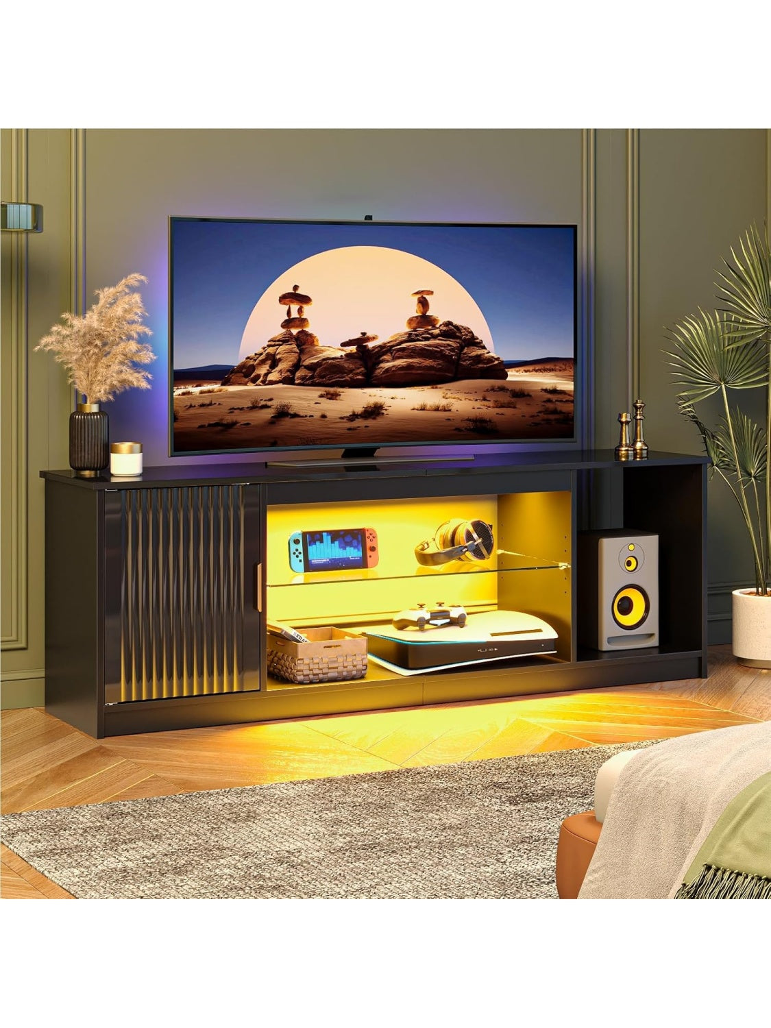 LED entertainment center for TVs up to 65 inches with glass shelves and gaming design