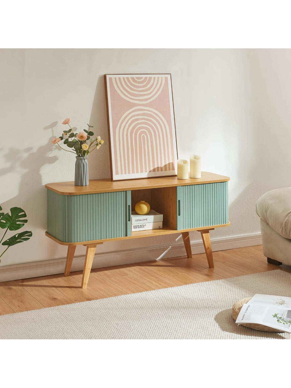 TV stand with sliding doors, open compartment and bamboo accents, natural and blue